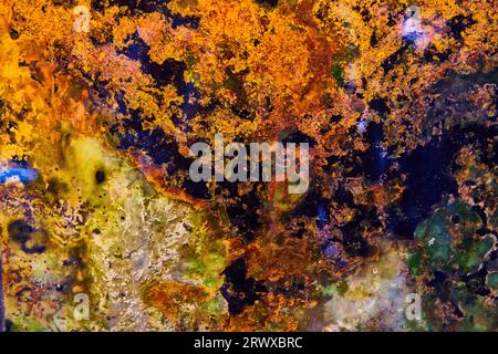 Lo sfondo presenta diversi colori rotanti di nero e marrone mescolati a giallo e bianco Foto Stock