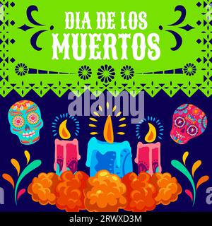 Il giorno della morte messicano festività papel picado carta tagliata striscione. Dia de Los Muertos altare vettoriale ofrenda, cartoni animati calavera teschi di zucchero, fiori di calendula, candele e bandiera luminosa con motivo ritaglio Illustrazione Vettoriale