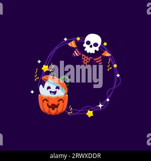 Cornice per le vacanze di Halloween con i fantasmi kawaii sbircia fuori da zucca, teschio, ghirlanda bandiera, stelle e coriandoli. Bordo arrotondato isolato per catturare lo spirito della stagione con un allegro e divertente spavento Illustrazione Vettoriale