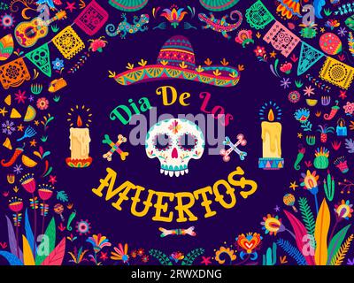 Dia de Los Muertos o bandiera del giorno dei morti con teschio di calavera in sombrero, bandiere picado di papel vettoriali e candele. Sfondo Dia de Los Muertos per le vacanze messicane, chitarre e maracas con ornamenti floreali Illustrazione Vettoriale