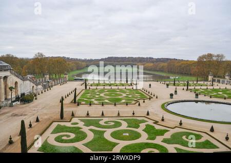 The Orangery Garden on the grounds of the Palace of Versailles in France without people on an autumn day Foto Stock