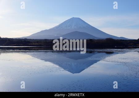 Fuji si riflette nel Lago Shojin ghiacciato Foto Stock