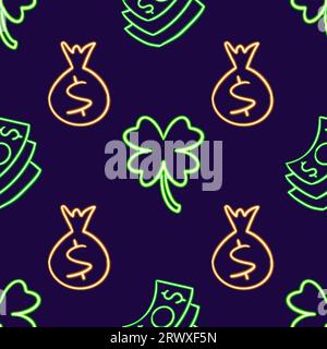 Modello Finanza al neon senza cuciture, bollette da dollaro e Money Bag Design, icona luminosa sul desktop, adesivo al neon, figura al neon, figura brillante, neon Foto Stock