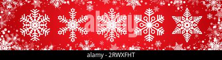 Un set di fiocchi di neve bianchi con sfondo rosso. Illustrazione Vettoriale