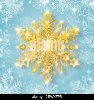Un fiocco di neve dorato con splendore e scintille su uno sfondo blu nevoso. Illustrazione Vettoriale