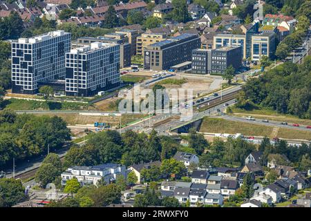 Vista aerea, Greenstay, quartiere Seven Stones, cantiere e nuova costruzione di un complesso edilizio in costruzione modulare presso la Comunità C. Foto Stock