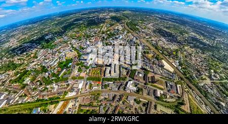 Vista aerea, vista centro città Viktoria-Karree, cantiere Husemannplatz, stazione centrale, parte superiore del centro di giustizia, globo, fisheye shot, 360 Foto Stock