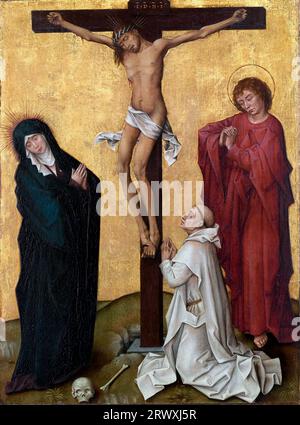 La Crocifissione con un monaco certosino di Rogier van der Weyden (c.1399-1464), olio e oro su legno, c. 1460 Foto Stock