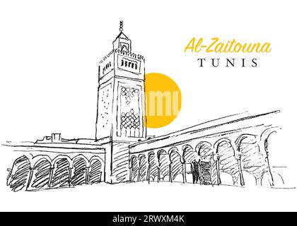 Disegno vettoriale disegnato a mano della moschea di al Zaytouna nella città di Tunisi, la capitale della Tunisia, il Nord Africa Foto Stock