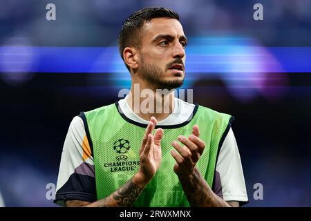 Joselu del Real Madrid CF durante il riscaldamento prima della partita di UEFA Champions League tra Real Madrid CF e FC Union Berlin allo Stadio Santiago Bernabeu il 20 settembre 2023 a Madrid, in Spagna. Foto Stock