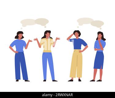 Insieme di chiacchierate con le bolle vocali. Le donne si incontrano e parlano. Dialoghi tra personaggi femminili Illustrazione Vettoriale