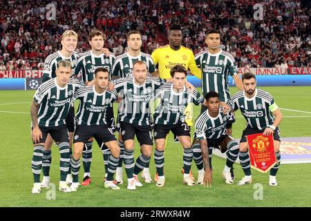 MONACO, Germania. , . Formazione DEL MANCHESTER UNITED: 24 Andre ONANA, Keeper, 2 Victor LINDELOEF, Lindelöf, 6 Lisan dro MARTINEZ, 8 Bruno FERNANDES © , 10 Marcus RASHFORD, 11 Rasmus HOJLUND, 14 Christian ERIKSEN, 15 Sergio REGUILON, 18 CASEMIRO, 20 Diogo DALOT, 28 Facundo PELLISTRI durante la UEFA Champions League Goup Una partita tra FC BAYERN Muenchen e MANCHESTER-UNITED all'Allianz Arena, lo Stadio di Monaco il 20 settembre. A Muenchen (foto di Arthur THILL/ATP Images) (THILL Arthur/ATP/SPP) credito: SPP Sport Press Photo. /Alamy Live News Foto Stock