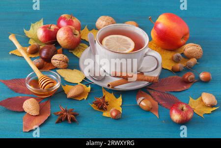 Tavolo bianco con decorazioni autunnali, una tazza di tè, pezzi di cannella, una ciotola di vetro con miele, mele piccole, noci, foglie di alberi colorate e ghiande. Lo Foto Stock