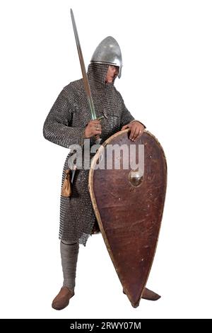 Cavaliere normanno vestito guerriero seconda metà del 11 ° secolo. Isolato su bianco Foto Stock