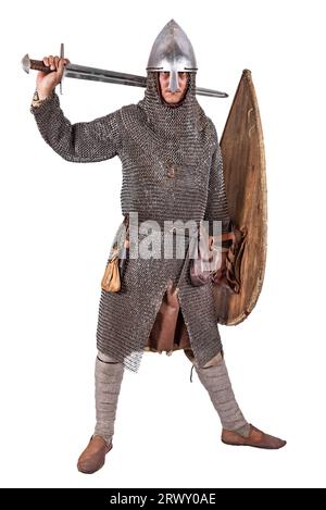 Cavaliere normanno vestito guerriero seconda metà del 11 ° secolo. Isolato su bianco Foto Stock