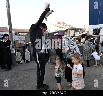 Gerusalemme, Israele. 21 settembre 2023. Un ebreo ultra-ortodosso alza un pollo sulla sua testa durante l'antico rituale Kapparot a Mea Shearim a Gerusalemme, giovedì 21 settembre 2023. Il Kapparot è preformato prima dello Yom Kippur, il giorno dell'Espiazione, il giorno più sacro del calendario ebraico, e trasferisce simbolicamente i peccati dell'anno passato al pollo. Foto di Debbie Hill/ Credit: UPI/Alamy Live News Foto Stock