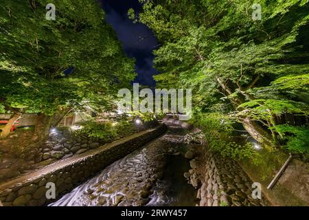 Il paesaggio lungo il fiume Katsura di notte quando illuminato, visto dal ponte Katsura-bashi a Shuzenji Onsen Foto Stock