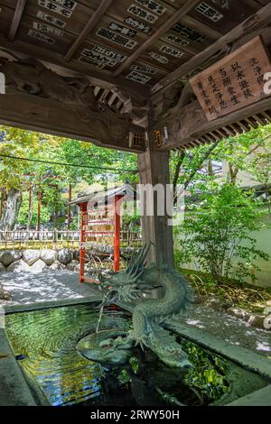 Onsen (sorgente termale) e ema (tavoletta votiva) appesi nei giardini del tempio di Izu Shuzenji. Foto Stock