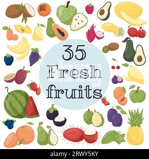 Illustrazione vettore telaio alimentare sano. 35 illustrazione del set di frutta. Set di alimenti biologici. Buona nutrizione. Illustrazione Vettoriale