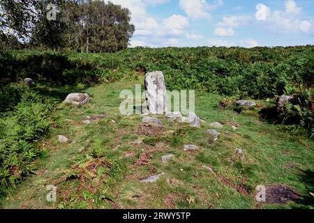 La più grande pietra in piedi nel Froggatt Edge Stone Circle (alias Stoke Flat Stone Circle) nel Derbyshire Peak District. Risale all'età del bronzo Foto Stock