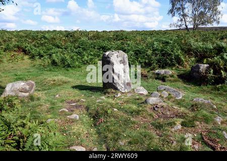 La più grande pietra in piedi nel Froggatt Edge Stone Circle (alias Stoke Flat Stone Circle) nel Derbyshire Peak District. Risale all'età del bronzo Foto Stock