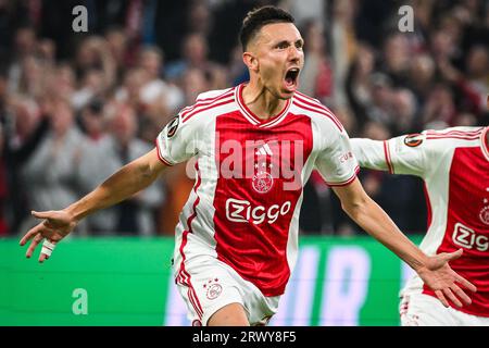 Amsterdam, Pays Bas. 21 settembre 2023. Steven BERGHUIS di Amsterdam celebra il suo gol durante la partita di calcio UEFA League Europa, gruppo B tra l'Ajax Amsterdam e l'Olympique de Marseille il 21 settembre 2023 allo stadio Johan Cruijff Arena di Amsterdam, Paesi Bassi - foto Matthieu Mirville/DPPI Credit: DPPI Media/Alamy Live News Foto Stock