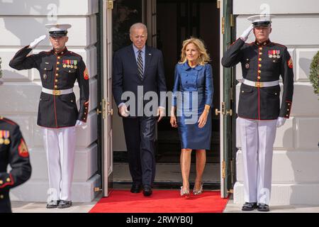 21 settembre 2023, Distretto di Columbia, Distretto di Columbia, USA: Il presidente Joe Biden e la First Lady Jill Biden attendono l'arrivo del presidente ucraino Volodymyr Zelenskyy alla Casa Bianca. Il presidente Zelenskyy ha visitato le Nazioni Unite e ha parlato con i legislatori per raccogliere sostegno nella sua guerra contro la Russia. (Immagine di credito: © Aaron Schwartz/ZUMA Press Wire) SOLO USO EDITORIALE! Non per USO commerciale! Foto Stock