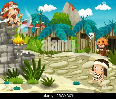 cartoni animati ambientazione del villaggio cavernicolo - età della pietra - illustrazione per bambini Foto Stock