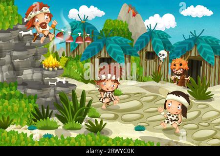 cartoni animati ambientazione di un villaggio di caverne con il vulcano sullo sfondo - età della pietra - illustrazione per bambini Foto Stock