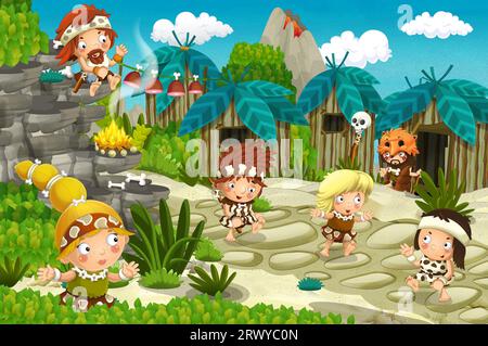 cartoni animati ambientazione di un villaggio di caverne con il vulcano sullo sfondo - età della pietra - illustrazione per bambini Foto Stock