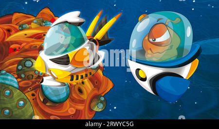 Cartoni animati divertente e colorata scena di un alieno cosmo galattico ufo, illustrazione isolata per bambini Foto Stock