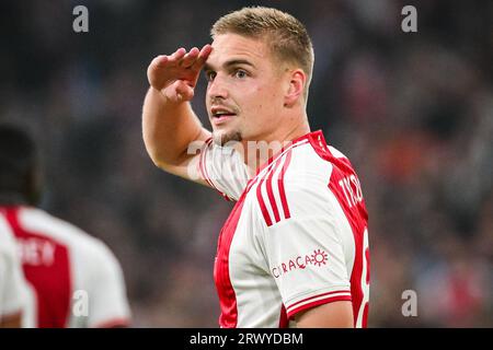Amsterdam, Francia, Paesi Bassi. 21 settembre 2023. Kenneth TAYLOR di Amsterdam celebra il suo gol durante la partita del gruppo B di UEFA Europa League tra l'Ajax Amsterdam e l'Olympique de Marseille (OM) al Johan Cruijff Arena Stadium il 21 settembre 2023 ad Amsterdam, Paesi Bassi. (Immagine di credito: © Matthieu Mirville/ZUMA Press Wire) SOLO USO EDITORIALE! Non per USO commerciale! Foto Stock