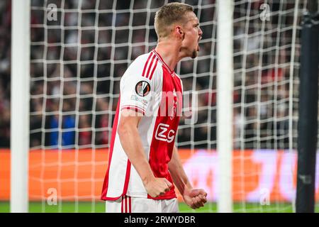 Amsterdam, Francia, Paesi Bassi. 21 settembre 2023. Kenneth TAYLOR di Amsterdam celebra il suo gol durante la partita del gruppo B di UEFA Europa League tra l'Ajax Amsterdam e l'Olympique de Marseille (OM) al Johan Cruijff Arena Stadium il 21 settembre 2023 ad Amsterdam, Paesi Bassi. (Immagine di credito: © Matthieu Mirville/ZUMA Press Wire) SOLO USO EDITORIALE! Non per USO commerciale! Foto Stock