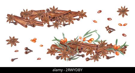 Composizione acquerello di bastoncini di cannella, anice stellato, chiodi di garofano, bacche di spina dorsale. Spezie invernali e bacche d'arancia. Illustrazione Foto Stock