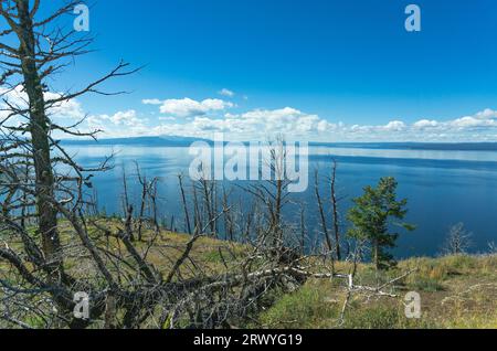 Il lago Yellowstone nel parco nazionale di Yellowstone è visibile da un punto panoramico. Ammira il più grande lago alpino del Nord America. Cielo blu e nuvole bianche sull'acqua. Foto Stock