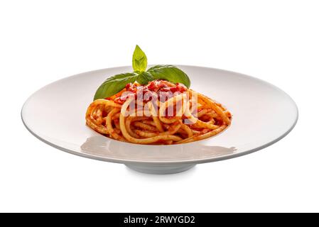 Bucatini amatriciana con salsa di pomodoro e foglie di basilico in piatto bianco isolato su bianco con percorso di ritaglio incluso Foto Stock