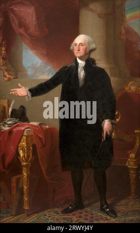 George Washington (ritratto di Lansdowne) 1796, dipinto di Gilbert Stuart George Washington (1732 - 1799) ufficiale militare americano, statista e padre fondatore che servì come primo presidente degli Stati Uniti dal 1789 al 1797. Foto Stock