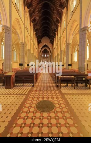 951 Cattedrale di San Patrizio, interno= navata e navate laterali, pavimento in memoria della visita di Papa Giovanni Paolo II. Melbourne-Australia. Foto Stock