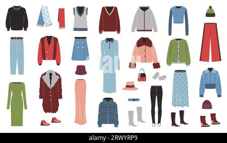 Set di abbigliamento invernale femminile. Arte vettoriale piatta. Illustrazione Vettoriale