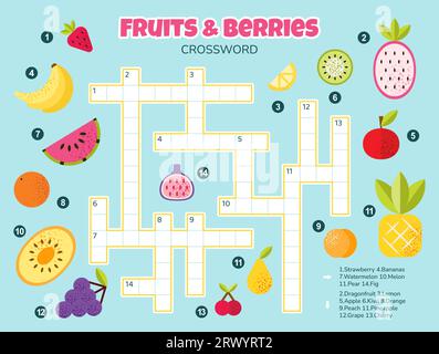 Crossword vettoriale per bambini. Frutta e bacche. Illustrazione Vettoriale