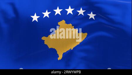 Primo piano della bandiera nazionale del Kosovo che sventola. Sei stelle bianche sopra una mappa dorata del Kosovo in un campo blu. rendering illustrazione 3d. Foto Stock