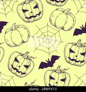 Halloween motivo monocromatico senza cuciture disegnato a mano con incisione disegnata a mano con zucche e ragnatela. Illustrazione Vettoriale