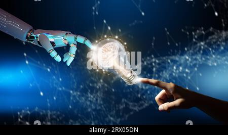 La mano ai robot e la mano umana puntano un cervello all'interno di una lampadina. Business dell'intelligenza artificiale. Sfondo punto di convergenza circuito. Foto Stock