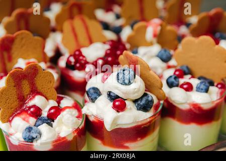 Primo piano del dessert cremoso con biscotti allo zenzero, panna montata, marmellata di ribes rosso e mirtilli nei bicchieri Foto Stock