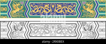 Schema di illustrazione vettoriale modificabile a strati di drago e Fenice, che sono utilizzati principalmente negli antichi edifici reali cinesi. Illustrazione Vettoriale