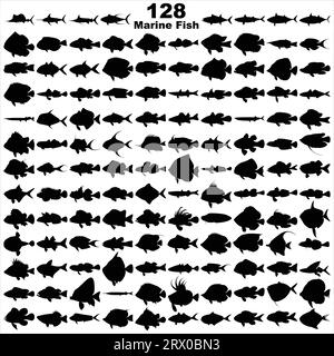 Sagoma a più strati modificabile per illustrazione vettoriale di 128 pesci marini. Illustrazione Vettoriale