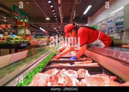 Contea di Luannan, Cina - 10 agosto 2023: Il personale del supermercato sta organizzando prodotti a base di carne. Foto Stock