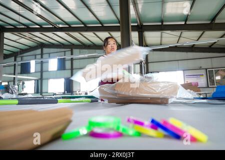 Contea di Luannan, Cina - 30 agosto 2022: Lavoratori che lavorano nervosamente sulla linea di produzione di imballaggi con pala in acciaio. Foto Stock