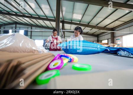 Contea di Luannan, Cina - 30 agosto 2022: Lavoratori che lavorano nervosamente sulla linea di produzione di imballaggi con pala in acciaio. Foto Stock