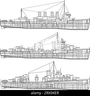 Illustrazione vettoriale stratificata della nave da guerra. Illustrazione Vettoriale